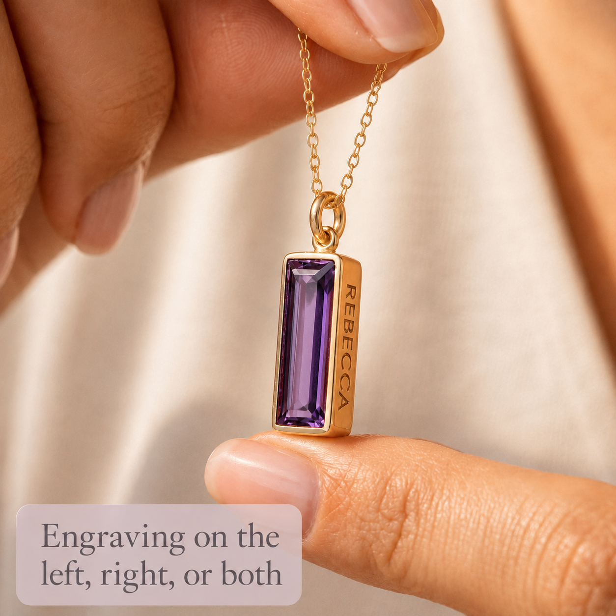 Amethyst baguette birthstone bar necklace, personalized name pendant February Birthstone : Adira Series