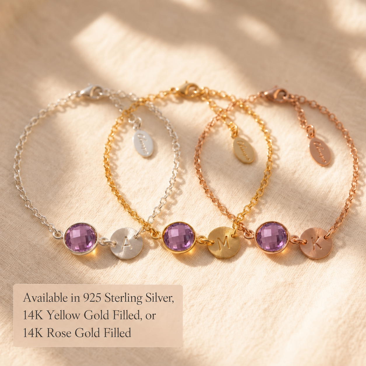 Personalized birthstone bracelets shown in sterling silver, yellow gold and rose gold finishes.
