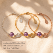 Personalized birthstone bracelets shown in sterling silver, yellow gold and rose gold finishes.
