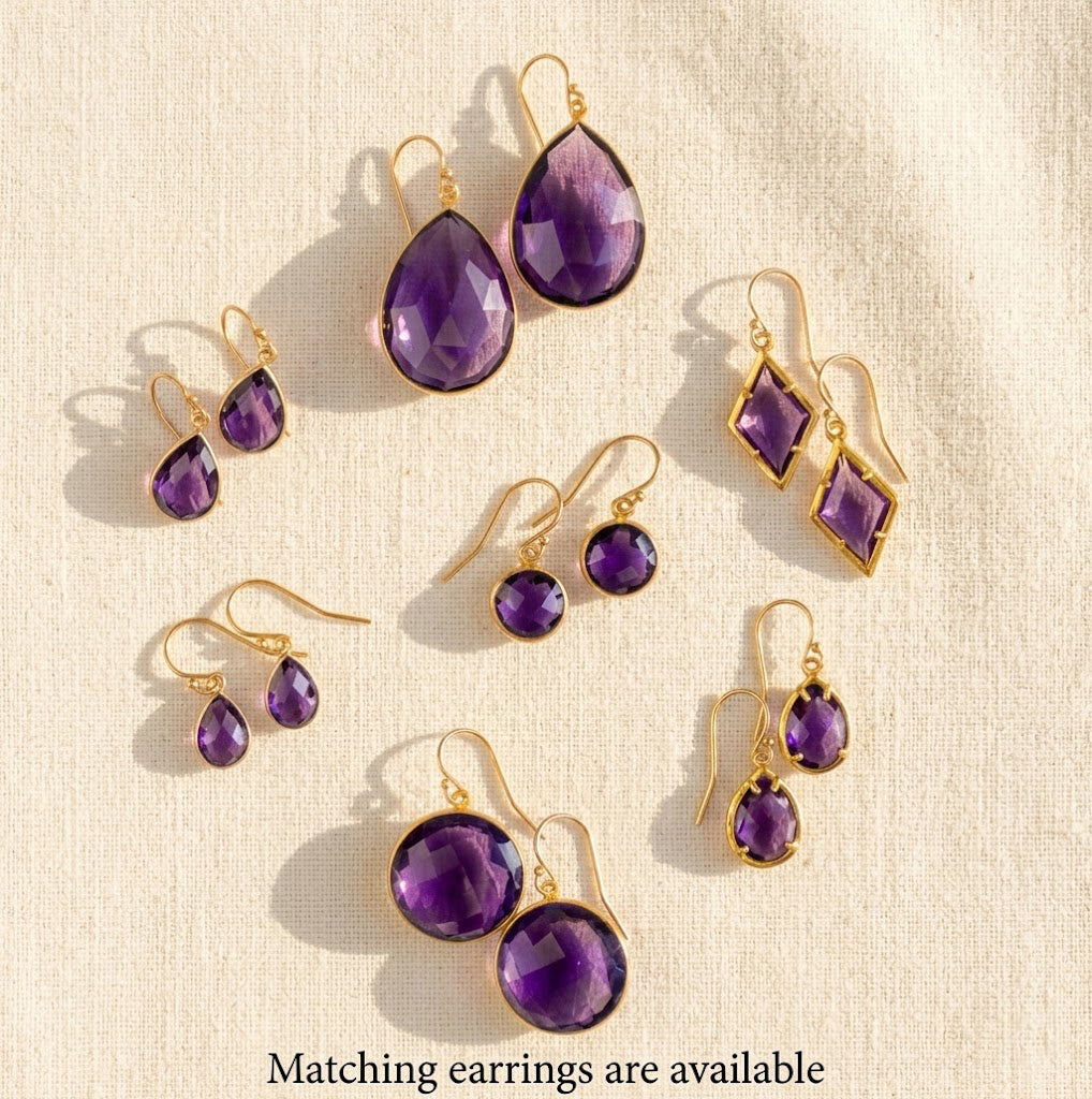 Amethyst necklace and earring set in gold, faceted purple gemstones, coordinated birthstone jewelry gift for women