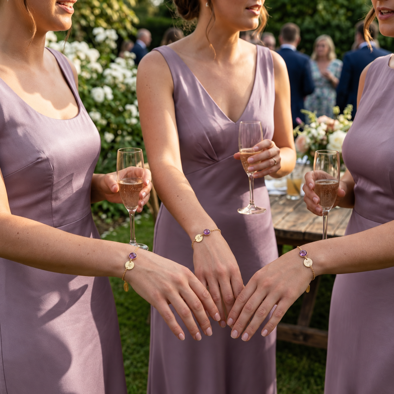 Bridesmaids wearing personalized birthstone bracelets as matching bridal party jewelry.
