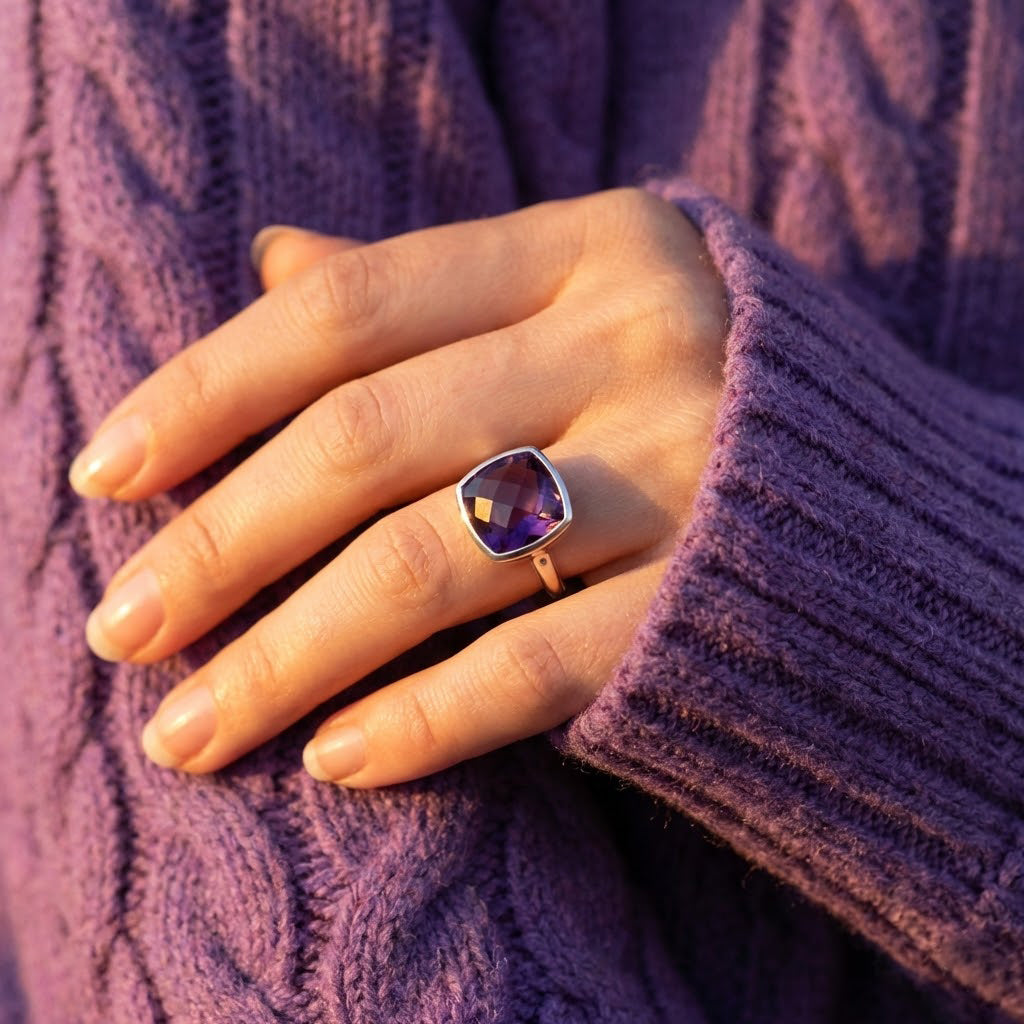 Gold amethyst ring on hand, purple cushion cut gemstone ring for women, February birthstone jewelry, elegant everyday statement ring, gift for mom or girlfriend