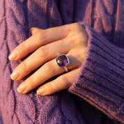 Gold amethyst ring on hand, purple cushion cut gemstone ring for women, February birthstone jewelry, elegant everyday statement ring, gift for mom or girlfriend