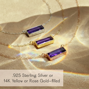 Birthstone bar necklaces with rectangular purple amethyst stones shown in sterling silver, yellow gold, and rose gold