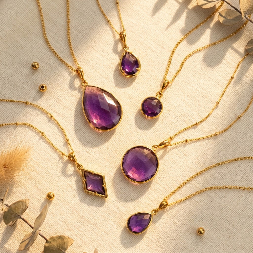 Purple amethyst necklace set in gold, faceted gemstone pendants in various shapes, elegant February birthstone jewelry collection for women