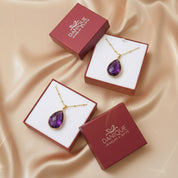 Purple amethyst necklace in gift box, gold gemstone pendant jewelry, ready-to-gift February birthstone present for her
