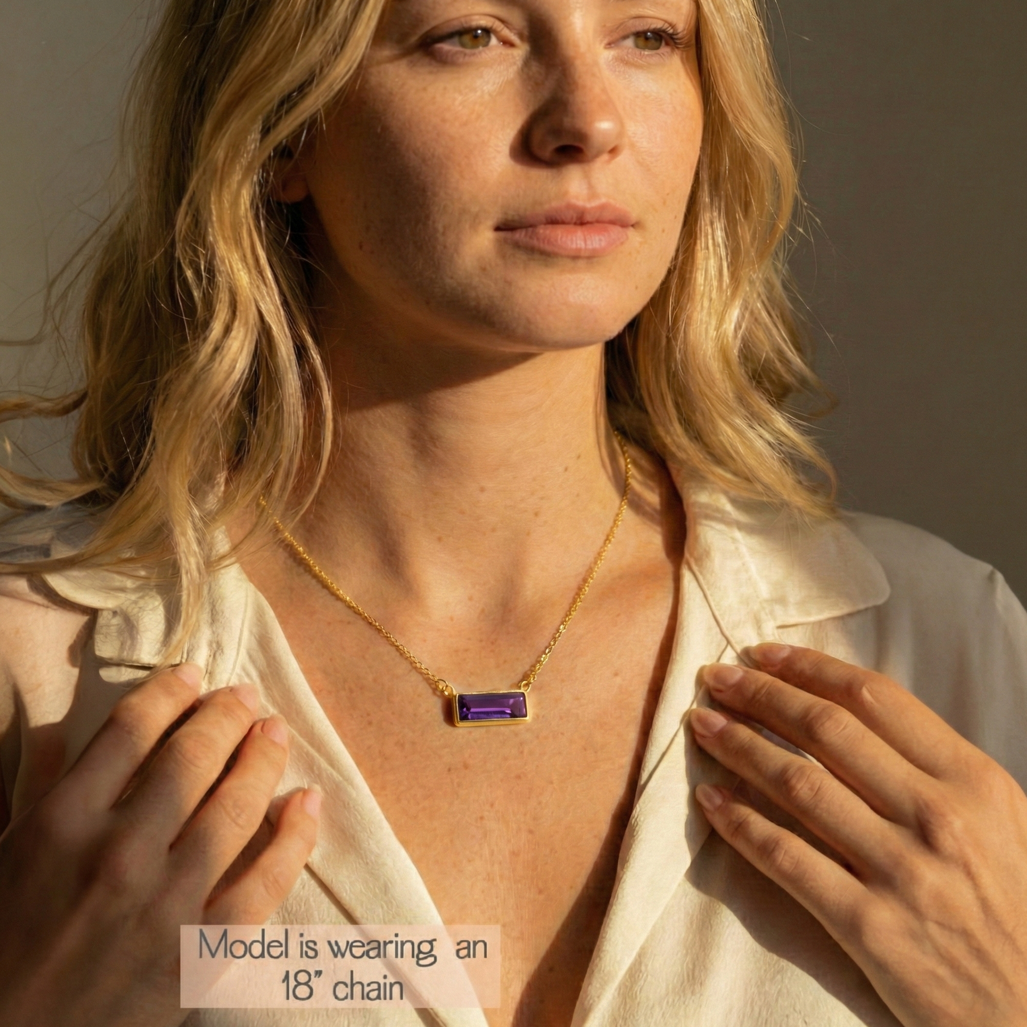 Amethyst birthstone bar necklace worn on model, minimalist gold necklace sitting at the collarbone