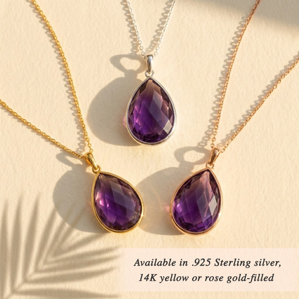 Purple amethyst pendant necklaces in different sizes, gold bezel gemstone jewelry, layered birthstone necklace collection for women