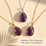 Purple amethyst pendant necklaces in different sizes, gold bezel gemstone jewelry, layered birthstone necklace collection for women