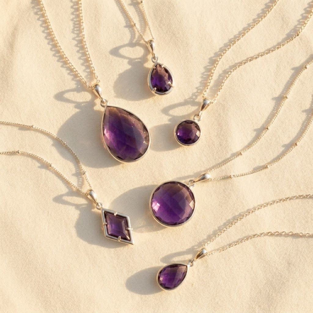 Assorted amethyst pendant necklaces in gold, oval round and geometric faceted gemstones, luxury purple jewelry collection