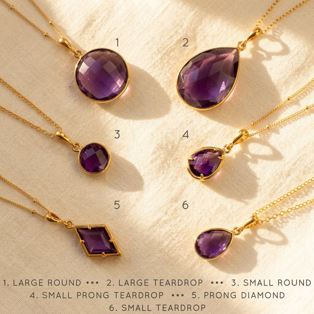 Gold amethyst jewelry set with matching necklace earrings and rings, purple gemstone collection, elegant gift-ready jewelry