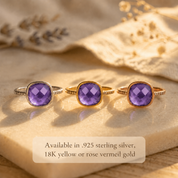 Purple amethyst cushion rings in sterling silver, yellow gold, and rose gold finishes.