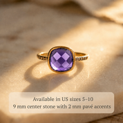 Gold amethyst pave ring showing 9mm cushion gemstone and 2mm accent stones in sizes 5 through 10.