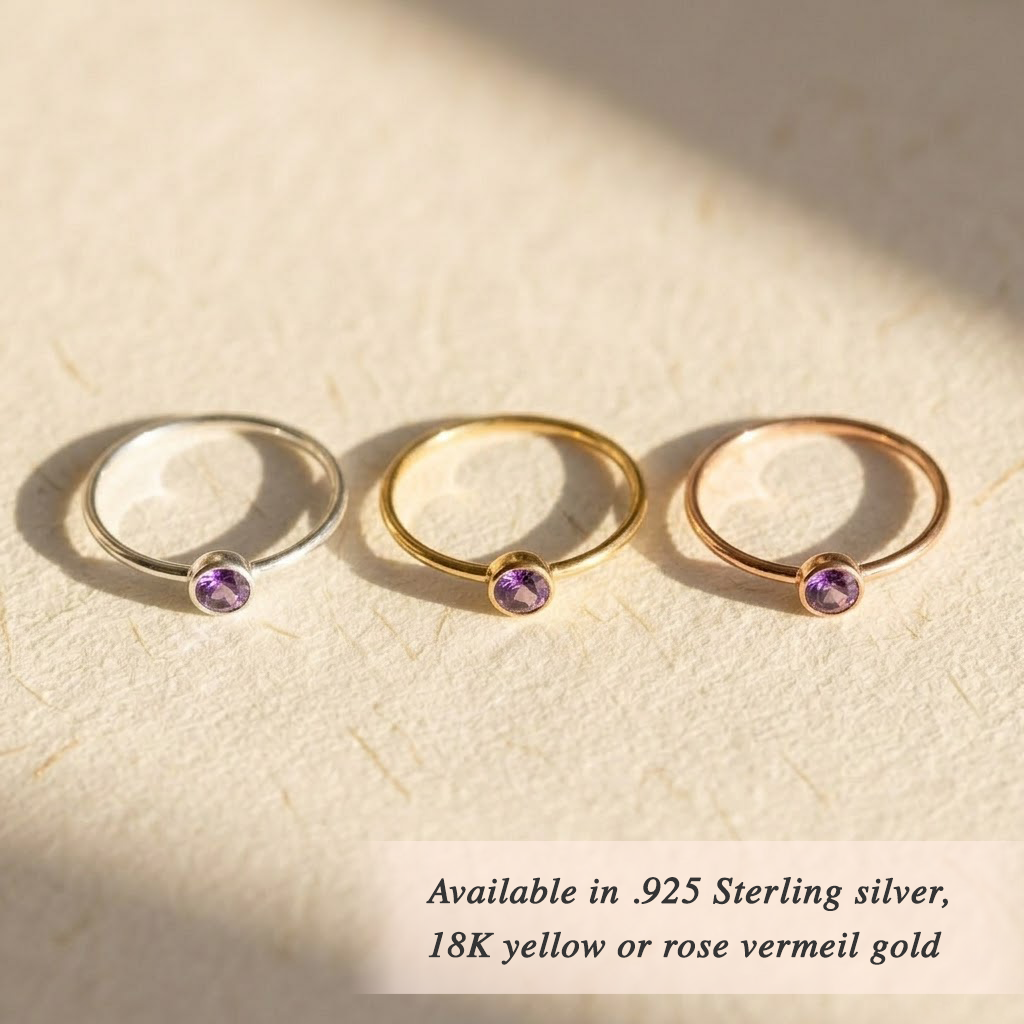 Three tiny bezel rings with amethyst, stacking ring set in gold and silver options