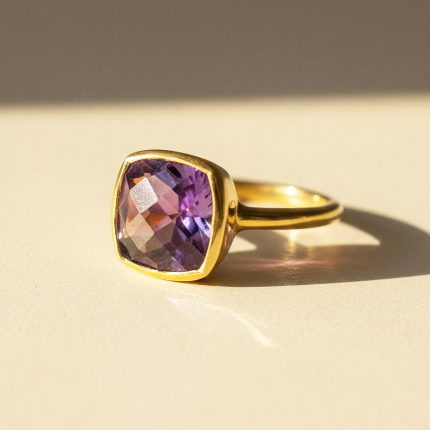 Cushion cut amethyst ring in gold vermeil with faceted purple gemstone, February birthstone ring for women, minimalist gold statement ring, dainty gemstone jewelry gift for her