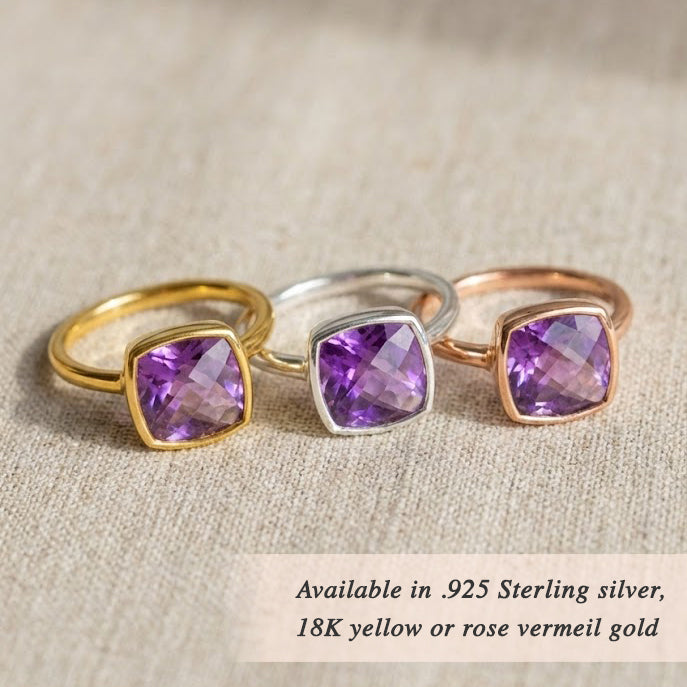 Cushion gemstone rings in gold vermeil, amethyst purple stone ring, minimalist birthstone jewelry, stackable statement ring collection for women