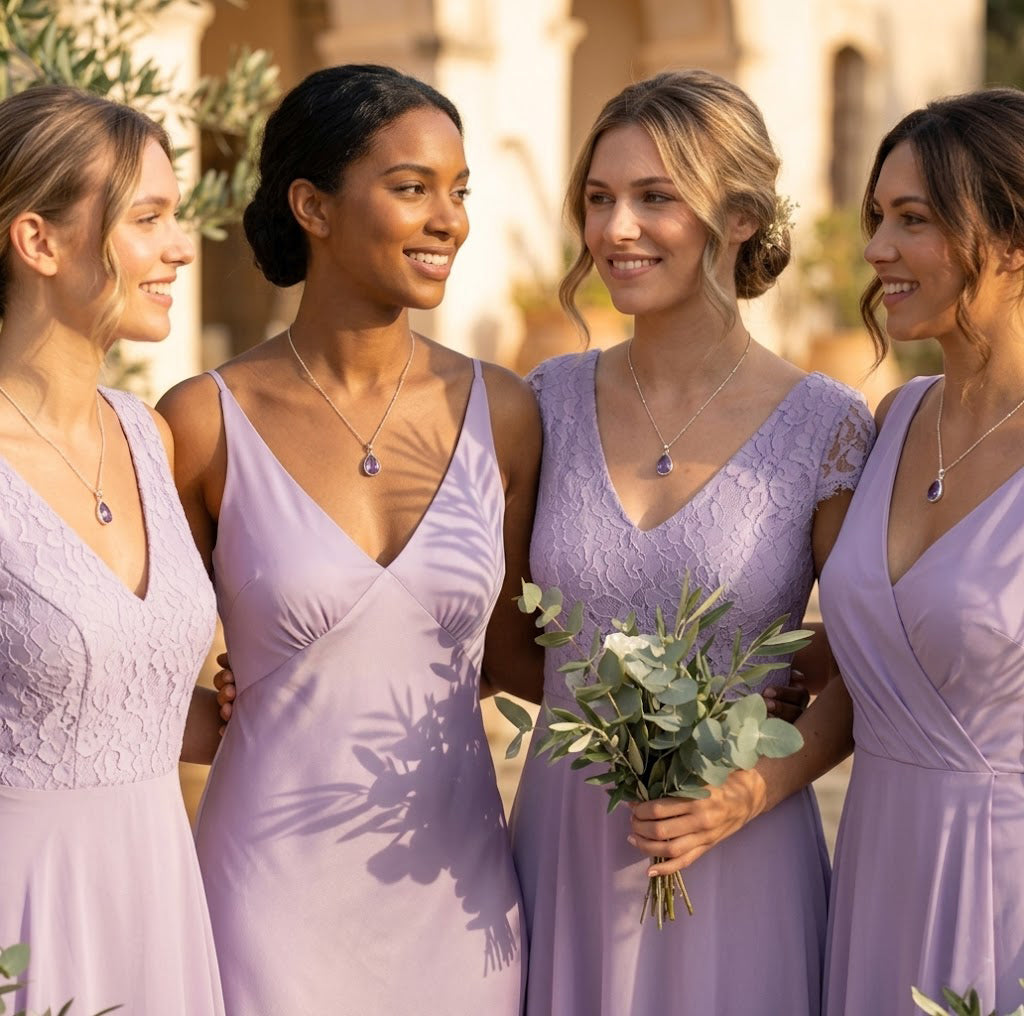 Bridesmaids wearing matching amethyst necklaces, purple gemstone bridal jewelry, elegant wedding party gift idea