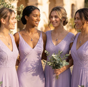 Bridesmaids wearing matching amethyst necklaces, purple gemstone bridal jewelry, elegant wedding party gift idea