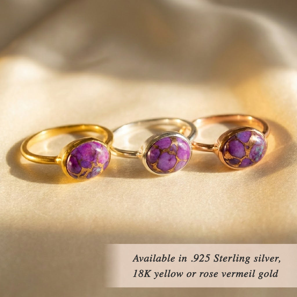 Purple Mohave turquoise oval ring available in sterling silver, 24K yellow gold vermeil and rose gold vermeil, bezel set cabochon gemstone ring for women