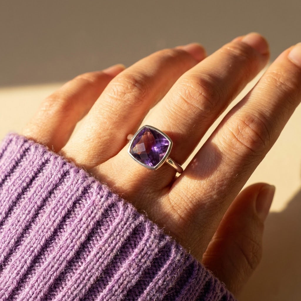 Minimalist gold amethyst ring worn on hand, faceted purple gemstone February birthstone jewelry, elegant everyday statement ring for women