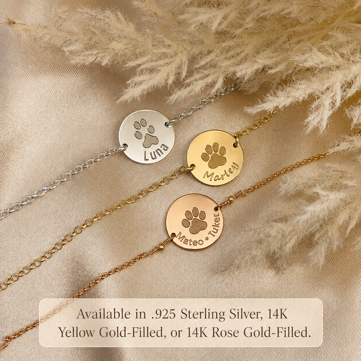 Personalized paw print anklets in sterling silver yellow gold filled and rose gold filled