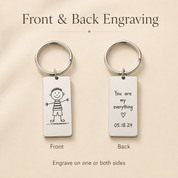 Front and back engraving guide showing a child’s drawing on the front and a handwritten message and date on the reverse.