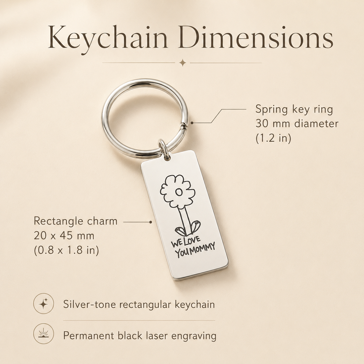 Keychain dimensions guide showing a 20 x 45 mm rectangle charm and a 30 mm spring-style key ring.