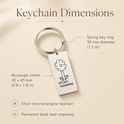 Keychain dimensions guide showing a 20 x 45 mm rectangle charm and a 30 mm spring-style key ring.