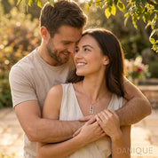 Couple wearing personalized birthstone jewelry, custom vertical birthstone necklace for wife, anniversary, or meaningful family gift.