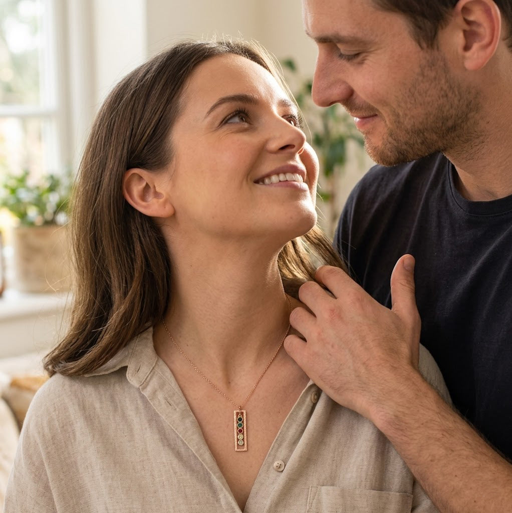 Couple lifestyle photo featuring a personalized vertical birthstone necklace, meaningful jewelry gift for wife or partner.