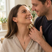 Couple lifestyle photo featuring a personalized vertical birthstone necklace, meaningful jewelry gift for wife or partner.
