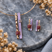 Lavender and Burgundy custom color geometric necklace and matching earrings with rose gold layered bars

