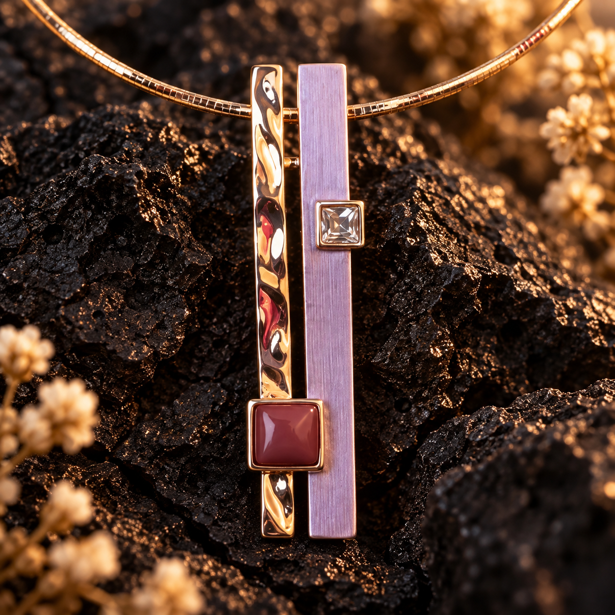 Lavender Burgundy geometric color block pendant necklace displayed on dark textured stone

