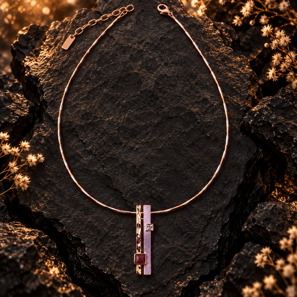 Full Lavender Burgundy geometric pendant necklace with adjustable rose gold chain on dark stone


