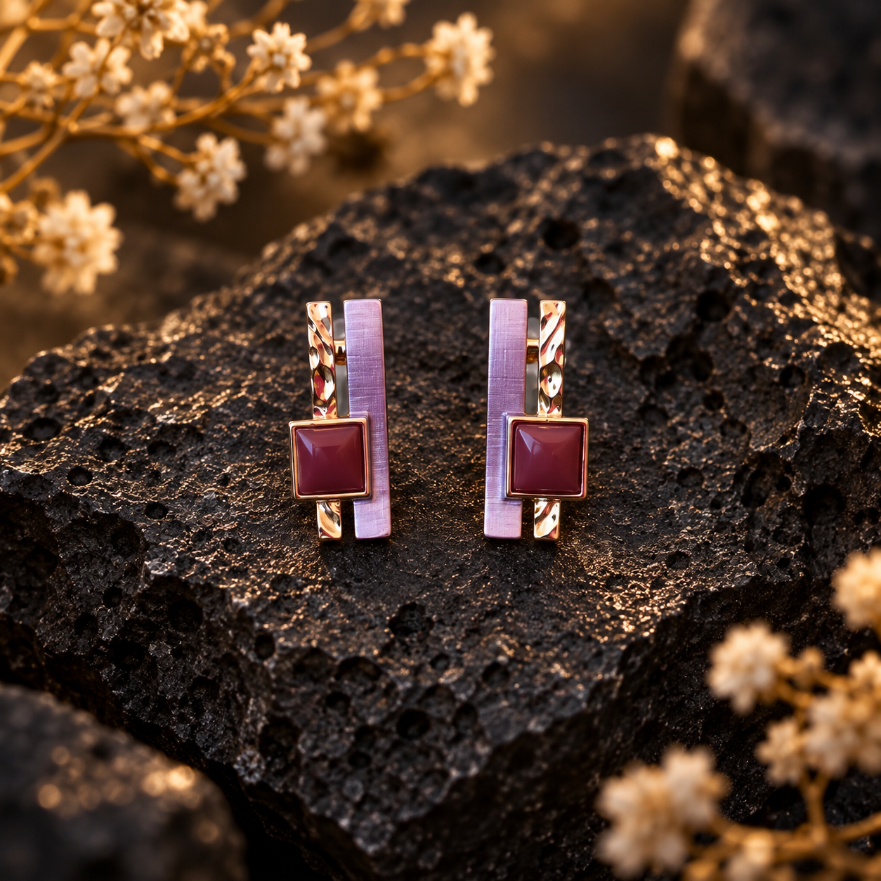 Lavender Burgundy geometric earrings with layered rose gold bars and square accent


