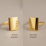 Rectangular engraved ring showing vertical and horizontal name alignment options, custom signet ring personalization choices