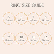 Ring size guide chart for stackable gemstone rings showing US sizes 5–12 with inner diameters: 15.6 mm, 16.5 mm, 18.3 mm, 18.2 mm, 19.0 mm, 19.8 mm, 20.6 mm, 21.4 mm. Use this measurement chart to convert inner diameter to US ring size, compare with a favorite ring, or measure before buying. Helpful for sterling silver, gold vermeil, and rose gold bands—perfect for birthstone, cocktail, promise, engagement, and stacking rings to ensure a comfortable fit.
