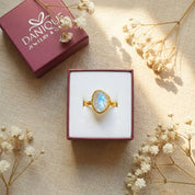Rough Cut Large Teardrop Labradorite Ring, Bezel Set Birthstone Ring in Sterling Silver, Gold or Rose Gold