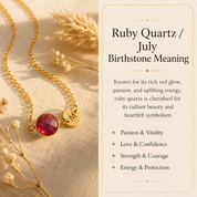July Ruby Quartz birthstone meaning graphic with personalized necklace