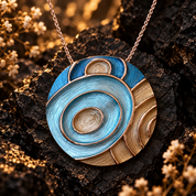 Close up of Tidal Orbit turquoise sculptural circle pendant necklace on dark textured stone
