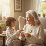 Grandma wearing personalized family tree birthstone necklace with cascading gemstones symbolizing children and grandchildren. Custom generational jewelry keepsake in sterling silver or gold vermeil.
