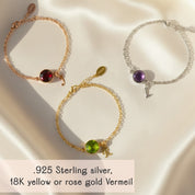 Set of personalized birthstone initial bracelets in rose gold vermeil, yellow gold vermeil and sterling silver, each featuring bezel-set round gemstones for January, August and February paired with dainty initial charms. Displayed on soft satin for a luxurious look, these custom birthstone bracelets make thoughtful gifts for moms, grandmas, daughters, bridesmaids or best friends. Perfect for birthdays, Mother’s Day, Christmas and wedding party gifts.