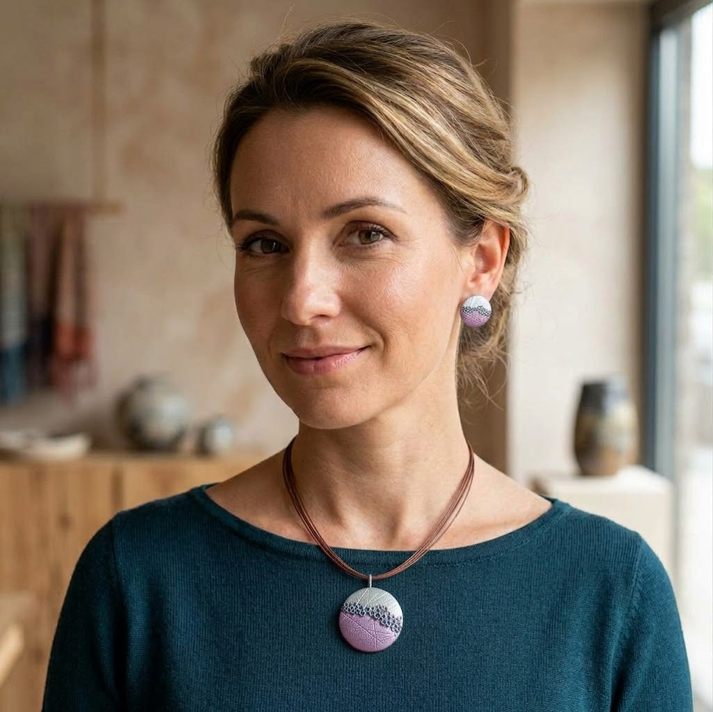 Woman wearing purple teal boho bubble mosaic pendant necklace with abstract round design

