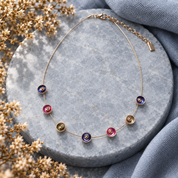 Berry Plum Color Bloom station necklace with purple pink and metallic round accents on gray stone
