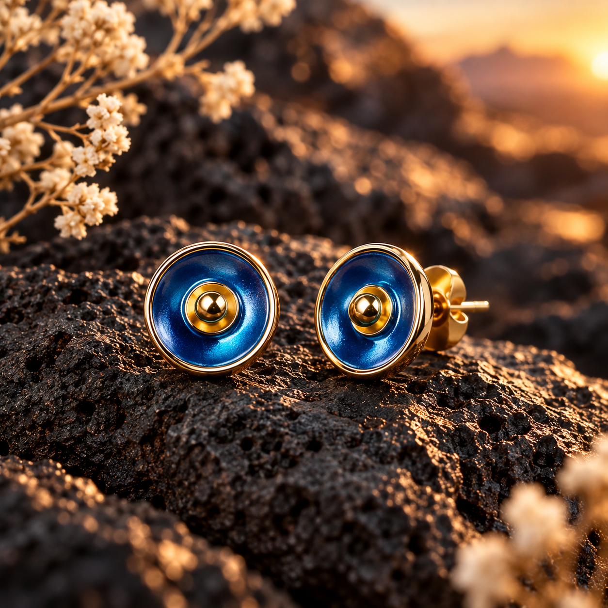 Blue and gold abstract flower stud earrings with round geometric design on dark stone

