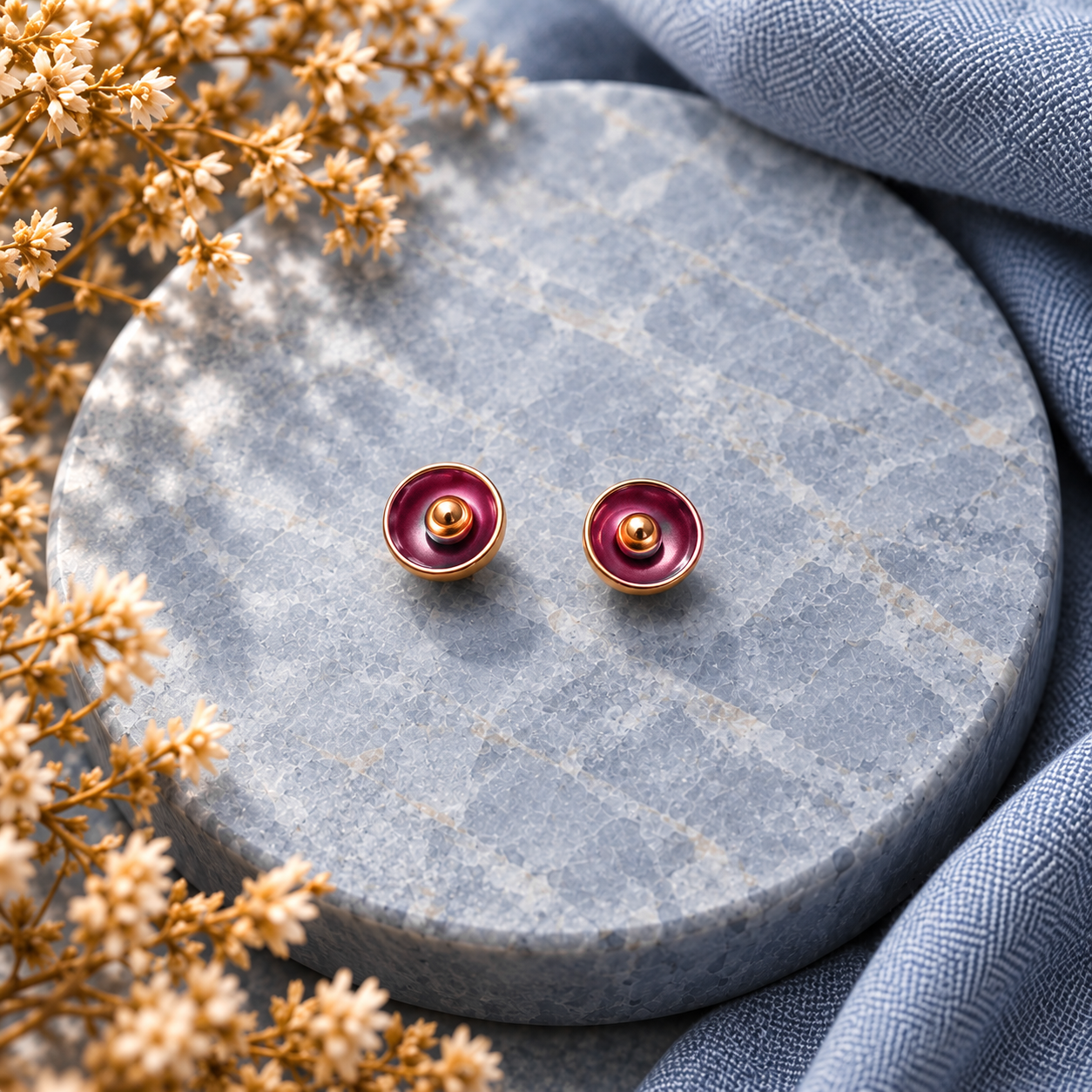 Madgenta and gold abstract flower stud earrings displayed on dark textured stone