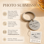 Photo submission instructions for custom handwriting, drawing, image, or photo engraved keychain.