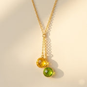 Lariat birthstone necklace with two gemstone pendants, gold Y necklace for mom
