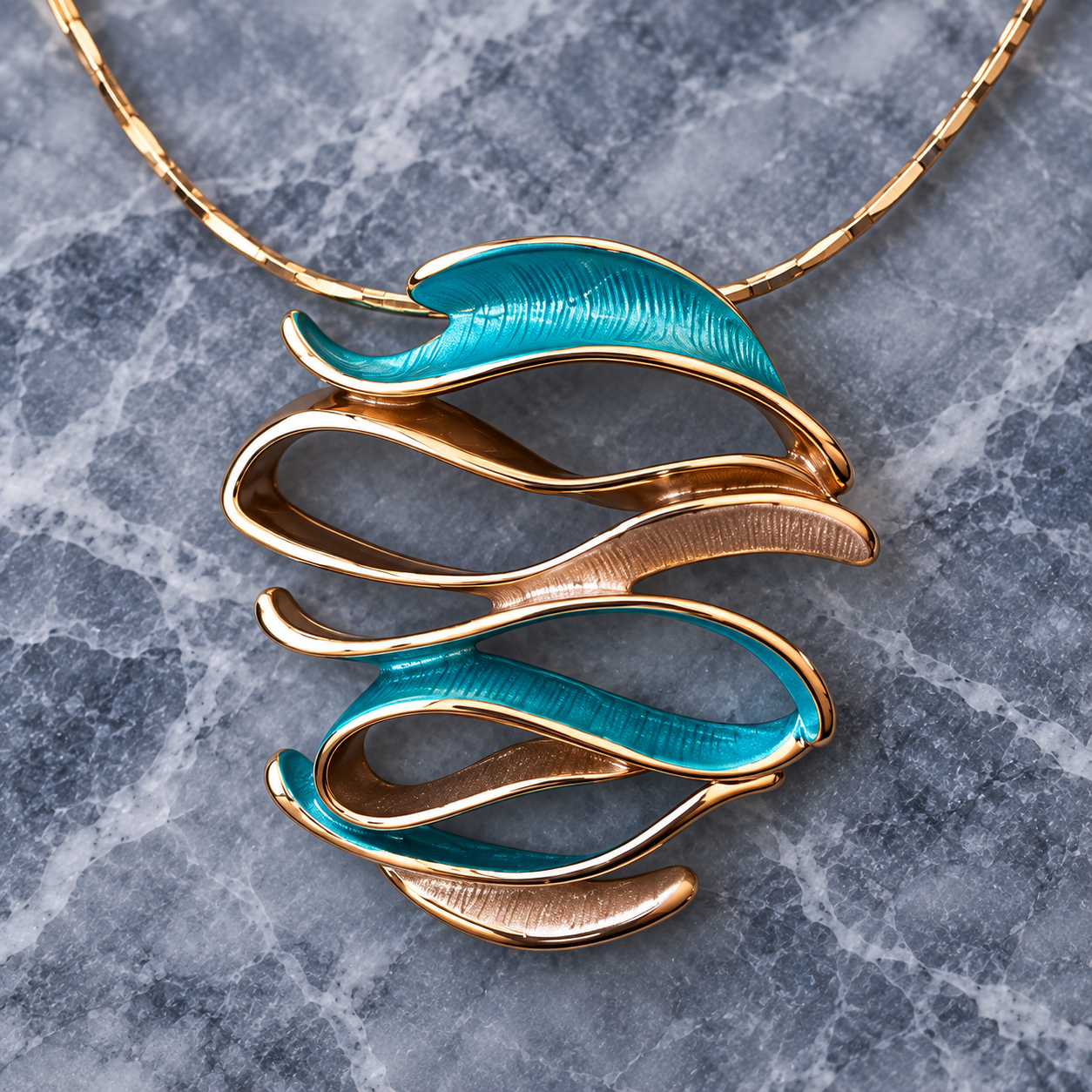 Close up of Ocean Breeze Sculptural Wave pendant with teal and warm metallic abstract curves
