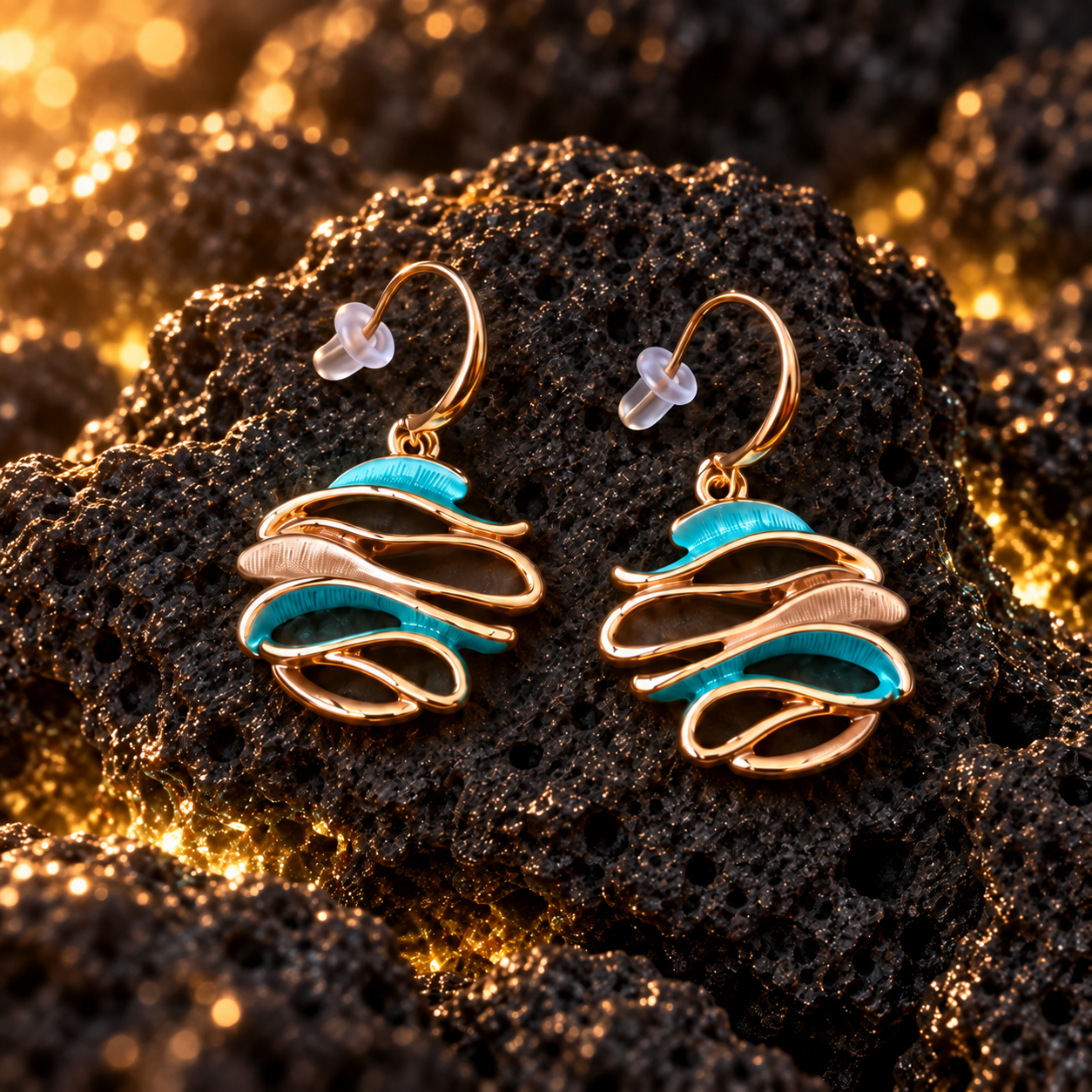 Ocean Breeze Sculptural Wave drop earrings displayed on dark stone
